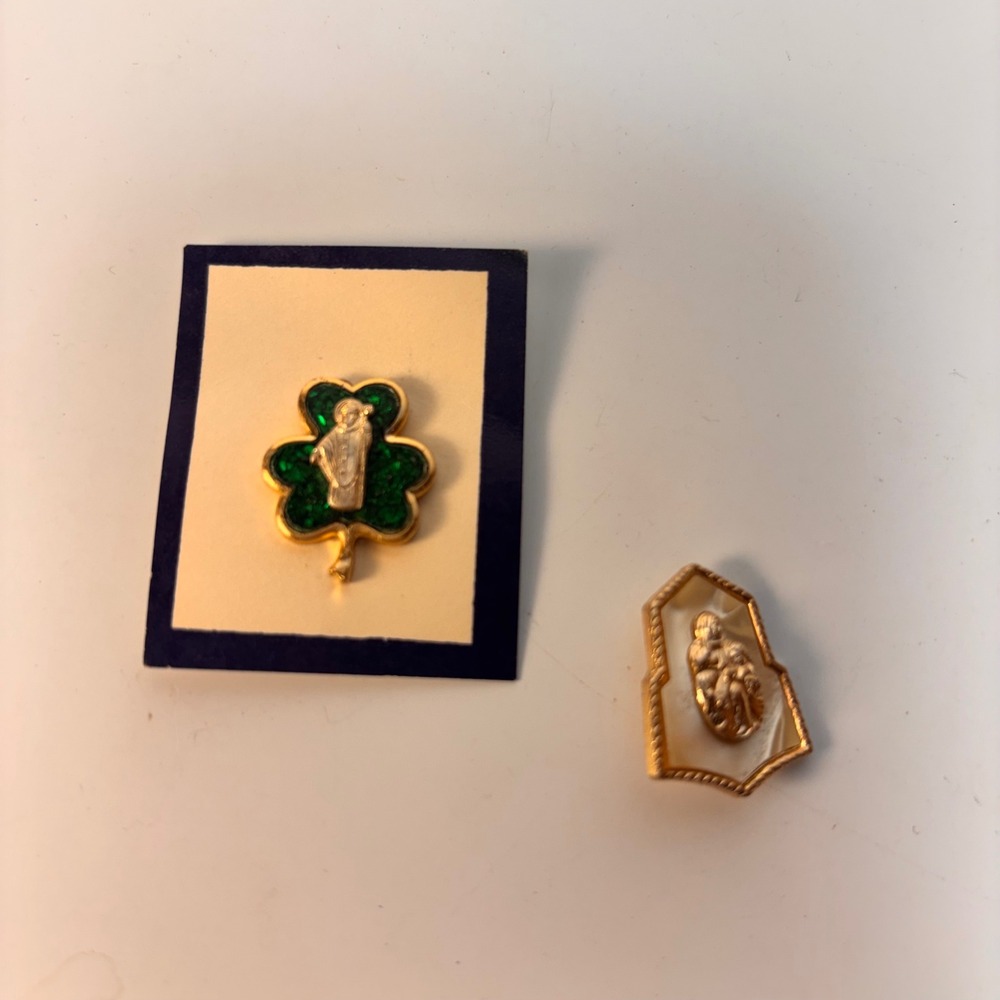 Vintage Religious Pin Set Gold Green Saint Patrick Mother Mary Catholic Jewelry